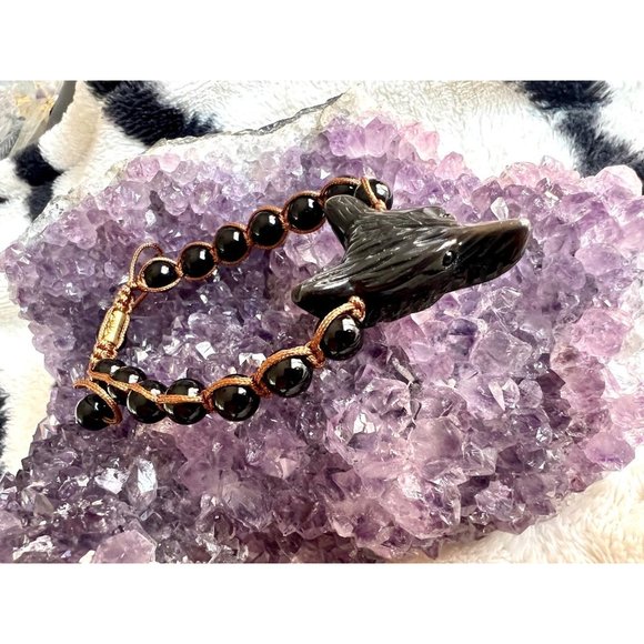 WOLF SPIRIT ANIMAL Obsidian Mala Bracelet - Picture 2 of 14